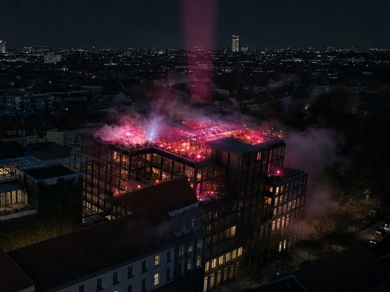 Luftbild des KALLE Neukölln bei Nacht, das Rooftop Cherry on Top in pinkem Licht und Nebel