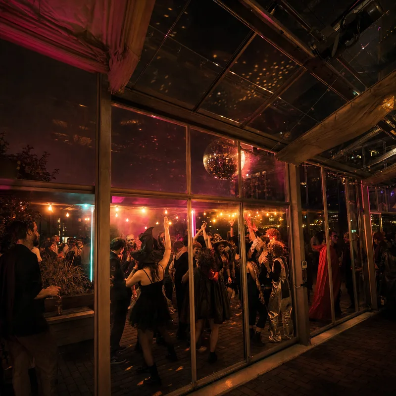 Pop-Classics-Floor im Glashaus, warmes Licht, Arme oben