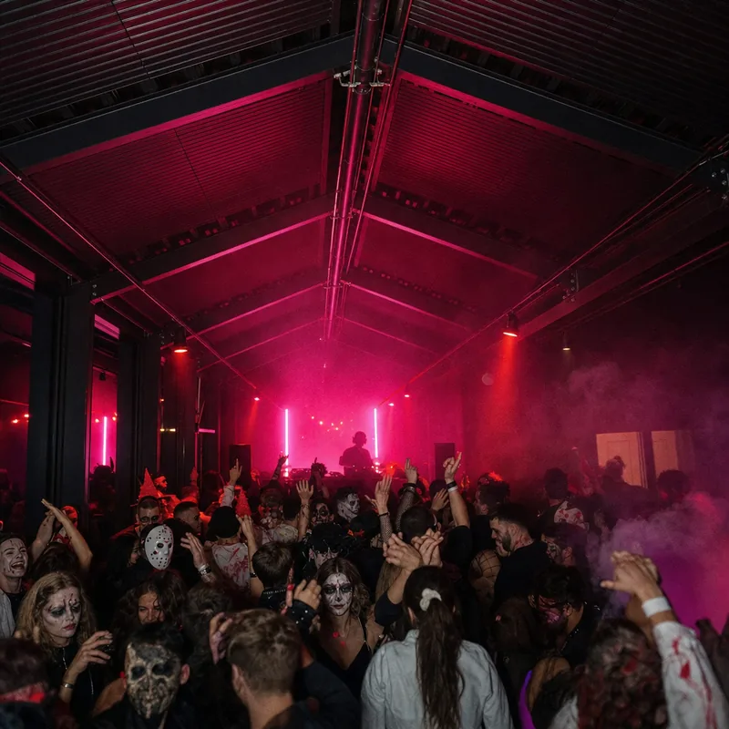 Glas-Floor: erhobene Hände vor dem DJ-Pult, pinkes Licht und Nebel